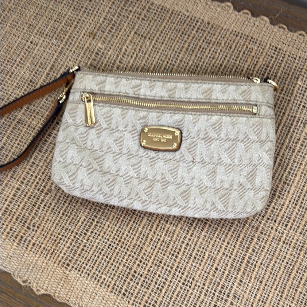Michael Kors Cream and Brown Clutch with Gold Accents